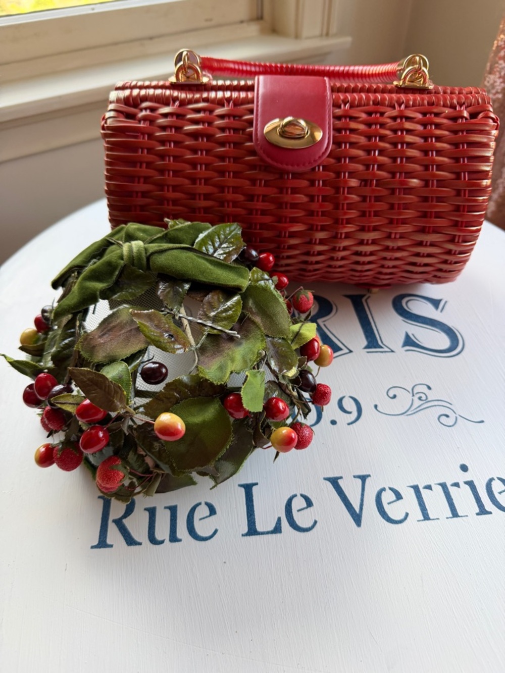 Darling hat with cherries and green velvet ribbons